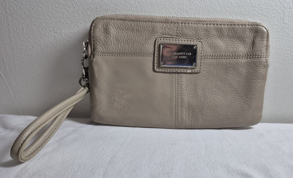 Tignanello Cream Taupe Pebbled Leather Zip Around Wristlet Wallet Stripe Lining